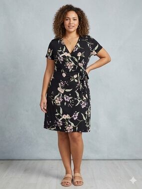 Nicole Miller Original Floral Faux Wrap Dress Black Lavender XL Knee Length